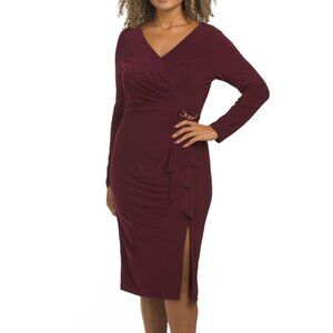 NWT $98 ADRIANNA PAPELL Long Sleeve Faux Wrap Stretch Sheath Dress Burgundy Sz10
